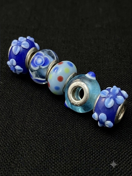 Jewelry - 5 Blue Lampwork Glass European Charm Beads .925 Silver Core Floral Dot